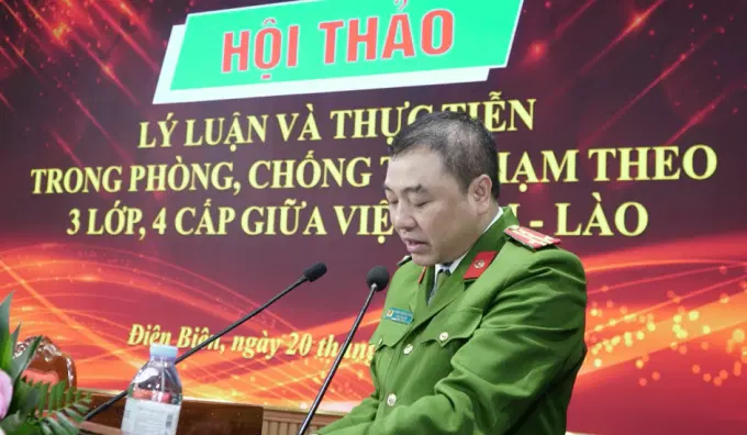 Đại tá Phạm Trường Giang - Phó Giám đốc Công an tỉnh Điện Biên phát biểu tại Hội thảo