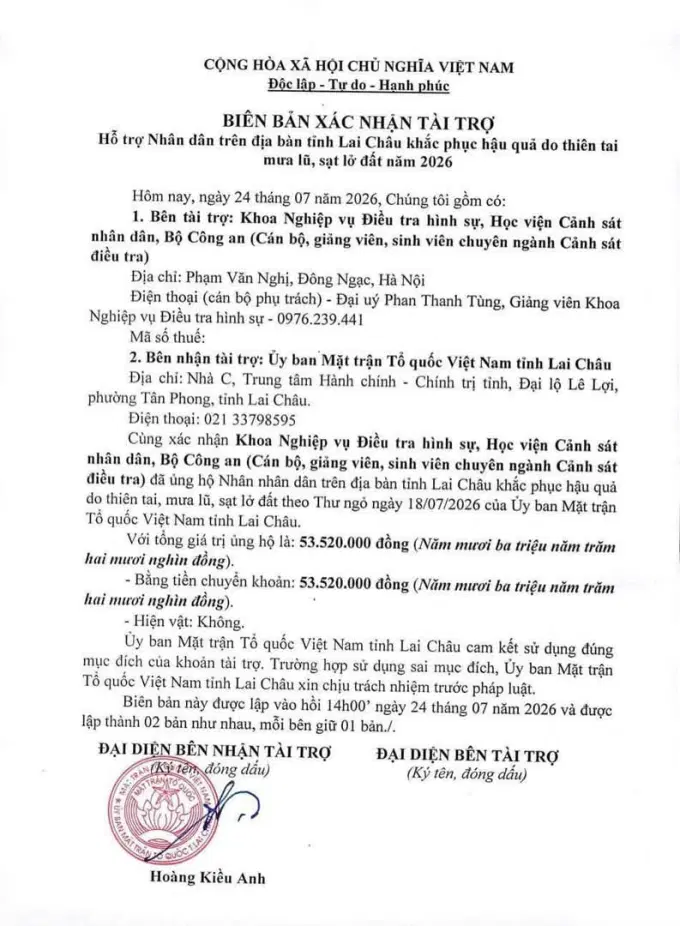 Hình ảnh Biên bản xác nhận tài trợ của Ủy ban Mặt trận Tổ quốc Việt Nam tỉnh Lai Châu ngày 24/7/2026